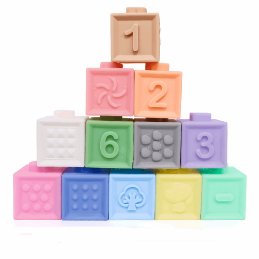 Silicone Building Blocks Squeeze Stacking Toys for 6 Months and Up Infants, Colorful Early Educational Puzzle Toy with Numbers Animals Shapes Textures - WaWeen Toys